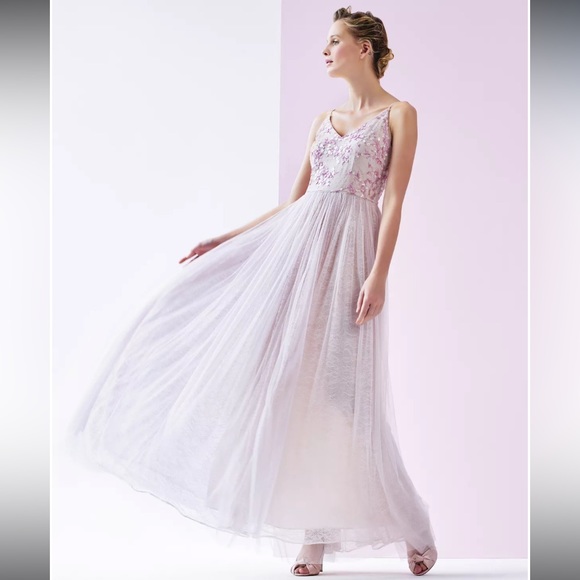 ADRIANNA PAPELL x Anthropologie Sequined Embroidered Tulle Maxi Dress Sz 8 - Picture 3 of 9